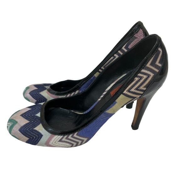 Missoni Designer Pumps Sz 39 Leather Chevron Print Round Toe Heels Multicolor - Picture 3 of 13